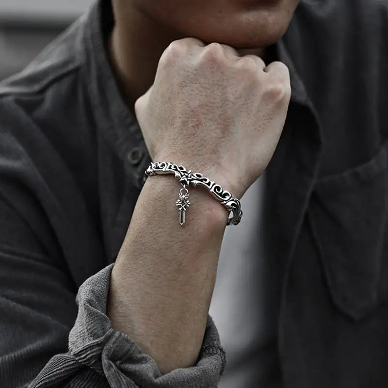 Rockstar Silver Cross Bangle Bracelet